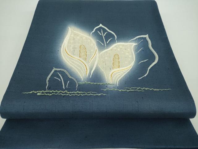 平和屋着物●太鼓柄袋帯　紬地　総刺繍　水芭蕉　金糸　正絹　逸品　DAAX4758ps