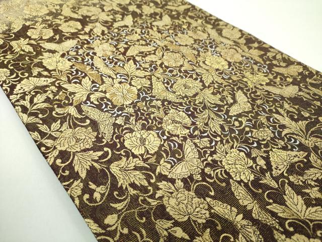 平和屋着物○六通柄袋帯 舞蝶花文 黒地 金銀糸 正絹