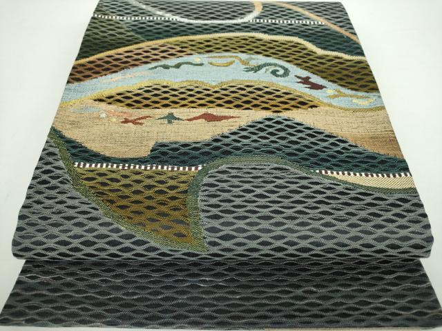 平和屋着物▽太鼓柄袋帯　スリーシーズン帯　春　夏　秋　すくい織　抽象文様　金糸　正絹　逸品　DAAX4766ps