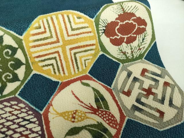 平和屋着物○九寸名古屋帯 型染 亀甲花文 正絹 逸品 DAAX4772ps