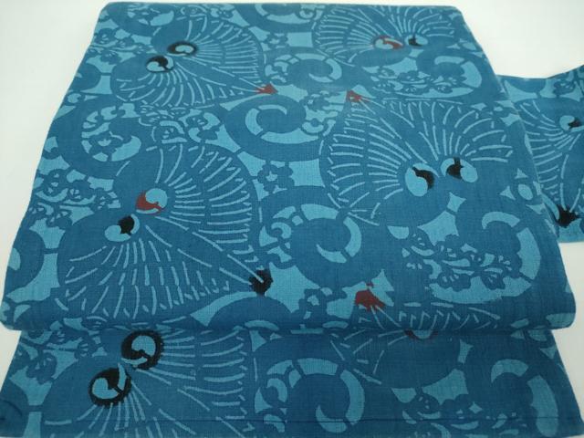 平和屋着物●九寸名古屋帯　紬地　型染　藍　葵　正絹　逸品　DAAX4775ps