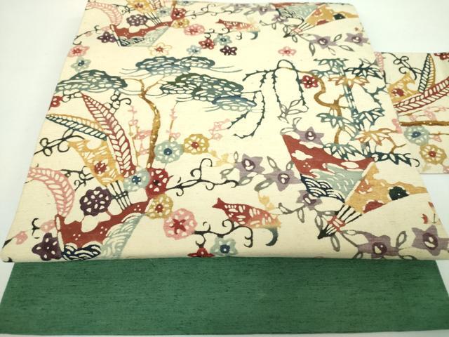 平和屋着物●九寸名古屋帯　紬地　型染　扇面花文　正絹　逸品　DAAX4776ps