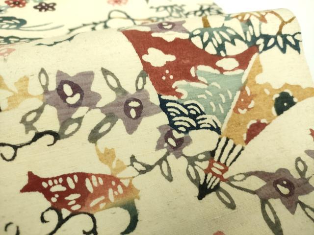 平和屋着物○九寸名古屋帯 紬地 型染 扇面花文 正絹