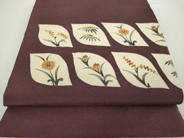 平和屋着物●九寸開き名古屋帯　型染　草花文　鬼しぼ縮緬　正絹　逸品　DAAX4777ps