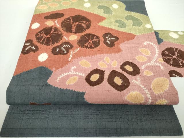 平和屋着物●九寸名古屋帯　生紬　絞り　草花文　正絹　逸品　DAAX4791ps