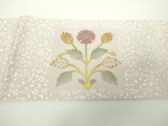 平和屋着物○塩瀬 九寸名古屋帯 駒刺繍 更紗花文 金彩 正絹