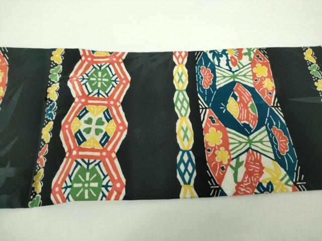 平和屋着物○九寸名古屋帯 型染 花鳥文 黒地 正絹 逸品 未