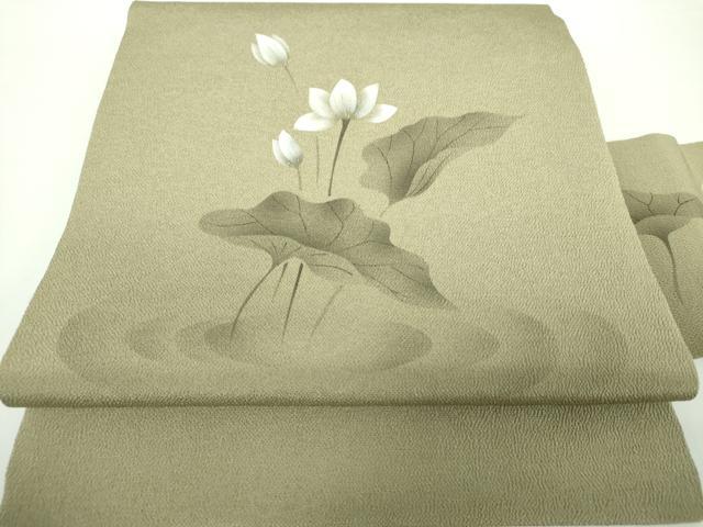 平和屋着物●九寸名古屋帯　手描き　睡蓮　鬼しぼ縮緬　金彩　正絹　逸品　DAAX4798ps