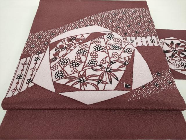 平和屋着物●九寸名古屋帯　草木手染　切嵌草花文　鬼しぼ縮緬　正絹　逸品　DAAX4815ps