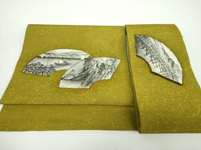 平和屋着物●つけ帯　紬地　手描き　地紙風景文　正絹　逸品　DAAX4822ps