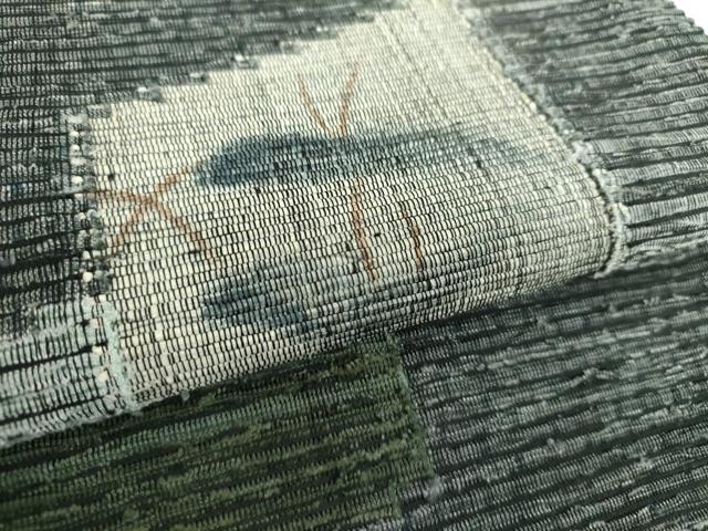 平和屋着物○太鼓柄袋帯 紬地 手描き 枝葉文 三越扱い 正絹 逸品