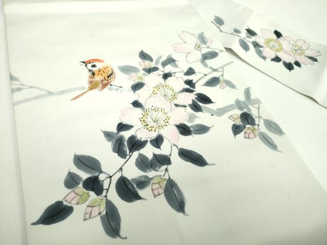 平和屋着物●塩瀬　九寸名古屋帯　作家物　手描き　雀　枝花文　正絹　逸品　DAAX4911ps 平和屋着物○塩瀬 九寸名古屋帯 作家物 手描き 雀 枝花文
