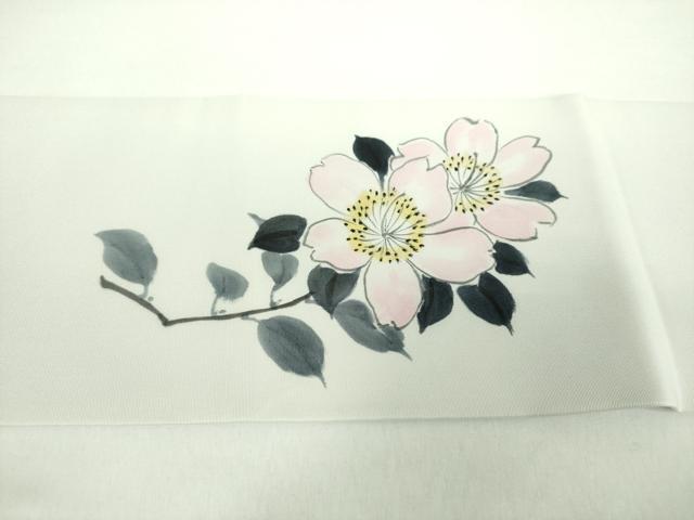 平和屋着物○塩瀬 九寸名古屋帯 作家物 手描き 雀 枝花文