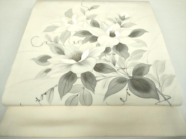 平和屋着物●塩瀬　九寸開き名古屋帯　作家物　手描き　草花文　金彩　正絹　逸品　DAAX4924ps