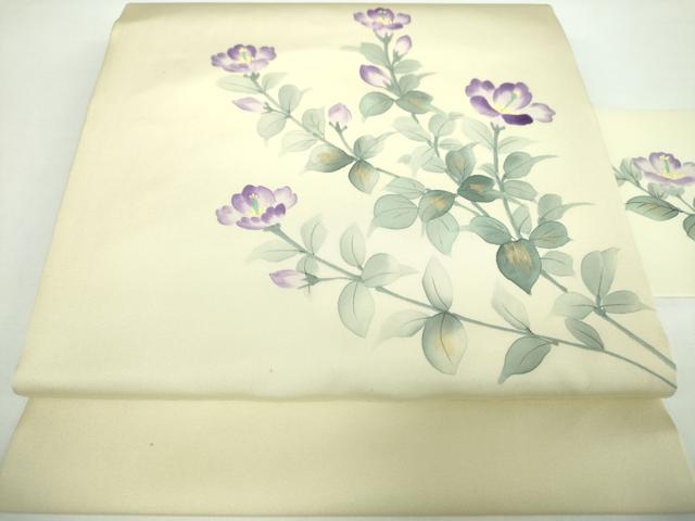 平和屋着物●塩瀬　九寸名古屋帯　作家物　手描き　草花文　金彩　正絹　逸品　DAAX4925ps