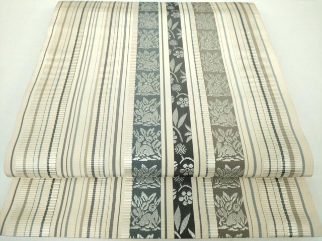 平和屋着物●伝統工芸士　中牟田耕三　本場筑前博多織　八寸名古屋帯　手織名物裂　花兎　間道　正絹　逸品　DAAX4944ps