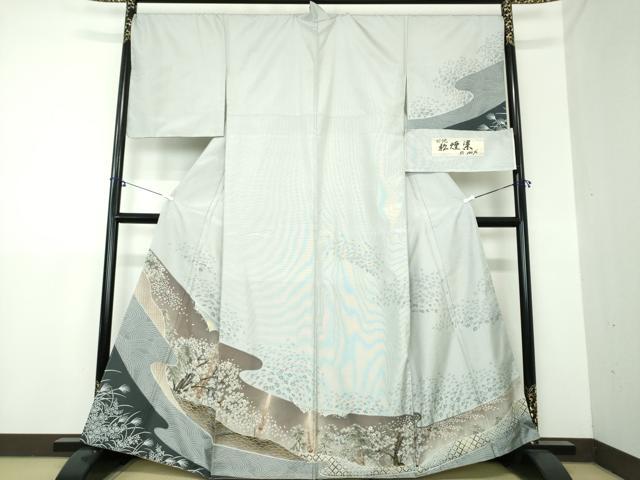 平和屋着物●伝統工芸士 白川貞夫 本場染大島紬 訪問着 松煙染 絞り 舞桜 シルエット 白新染織謹製 証紙付 正絹 逸品 未使用 DAAX4980ps