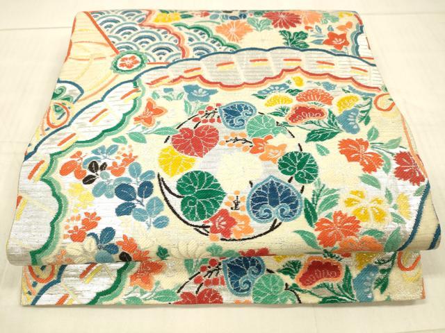 平和屋着物＊夏物　アンティーク　大正ロマン　丸帯　引き抜き帯　檜扇草花文　銀糸　正絹　逸品　DAAX5544cm