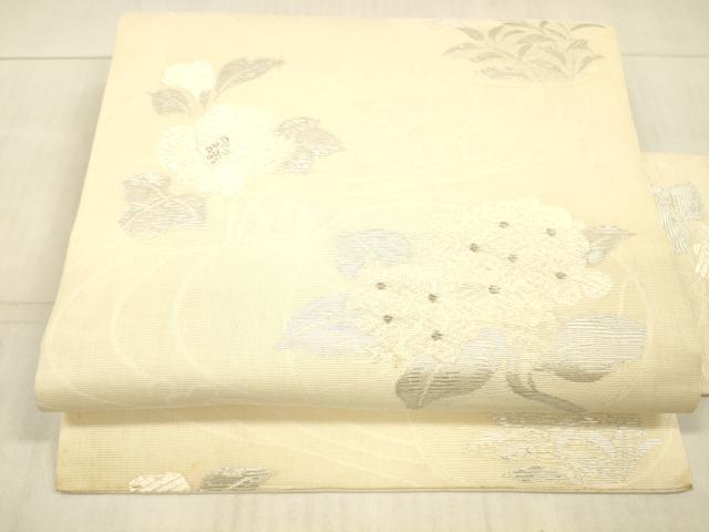 平和屋着物＊夏物　九寸名古屋帯　流水草花文　銀糸　正絹　逸品　DAAX5546cm