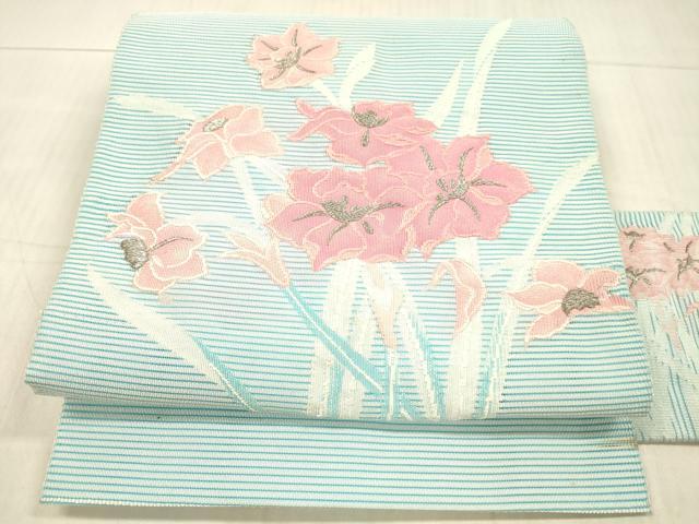 平和屋着物＊夏物　絽綴れ　八寸名古屋帯　草花文　銀糸　正絹　逸品　DAAX5549cm