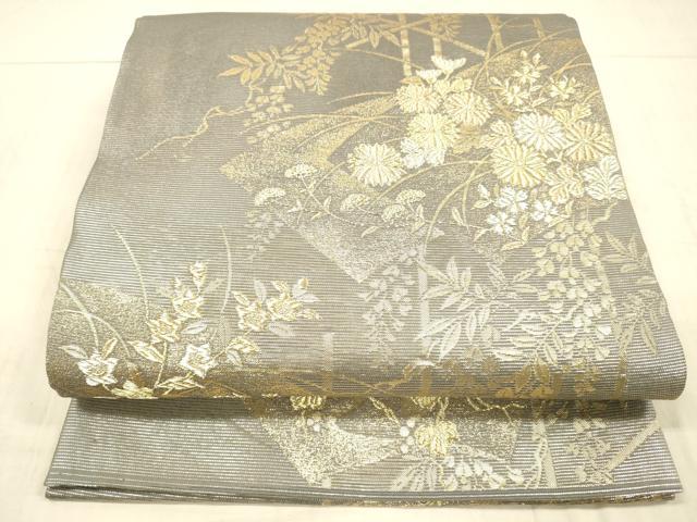 平和屋着物＊夏物　六通柄袋帯　地紙草花文　金銀糸　正絹　逸品　DAAX5559cm