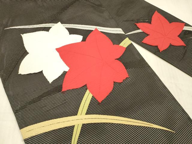 平和屋着物＊夏物　九寸名古屋帯　草葉文　黒地　正絹　逸品　DAAX5574cm 平和屋着物＊夏物 絽塩瀬 九寸名古屋帯 草葉文 鷺 黒地 正絹