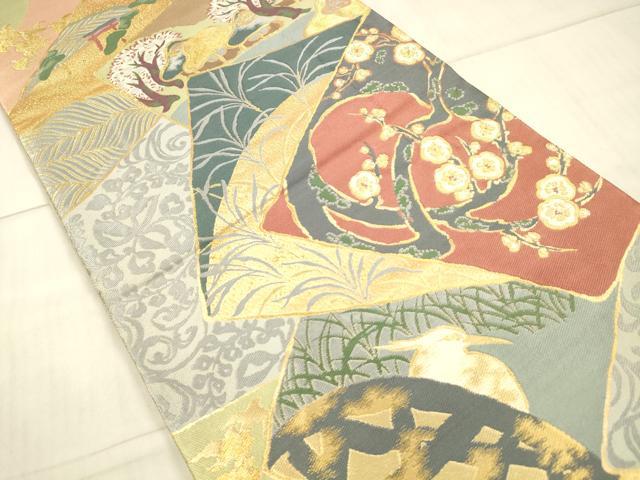 平和屋着物○六通柄袋帯 唐織 風景枝花文 金糸 正絹 逸品 DAAX5607cm