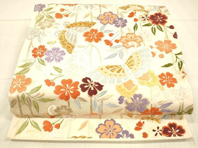 平和屋着物●六通柄袋帯　唐織　花蝶文　金銀糸　正絹　逸品　DAAX5614cm