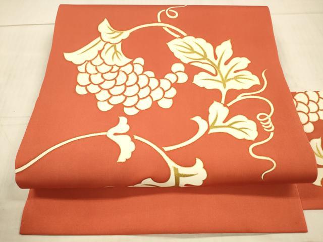 平和屋着物●塩瀬　九寸名古屋帯　駒刺繍　葡萄蔦の葉文　金糸　正絹　逸品　DAAX5617cm