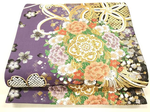 平和屋着物●六通柄袋帯　唐織　稜彩錦　結び紐鹿の子草花文　黒地　金銀糸　正絹　逸品　DAAX5626cm