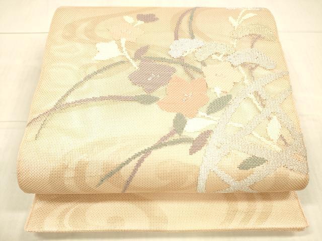 平和屋着物＊夏物　太鼓柄袋帯　流水籬草花文　金銀糸　正絹　逸品　DAAX5679cm