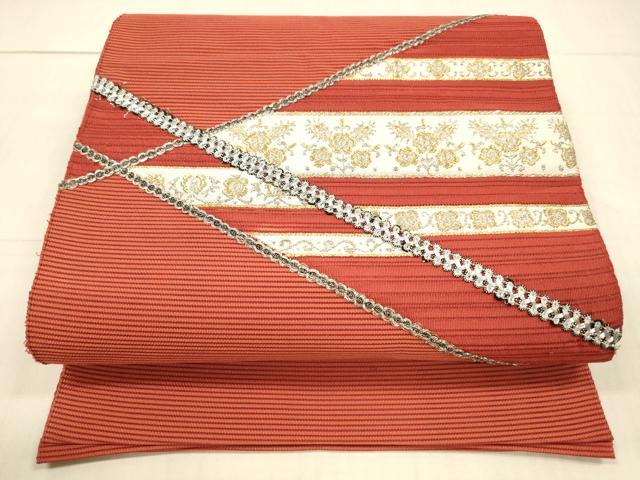 平和屋着物＊夏物　絽綴れ　八寸名古屋帯　駒刺繍　草花文　金銀糸　正絹　逸品　DAAX5682cm