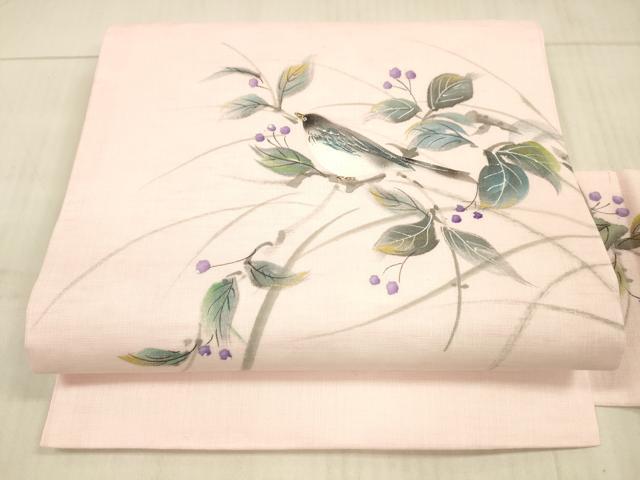 平和屋着物＊夏物　九寸名古屋帯　手描き　南天文　鳥　金彩　正絹　逸品　DAAX5687cm