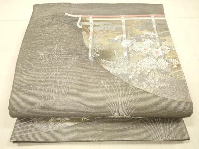 平和屋着物＊夏物　六通柄袋帯　唐織　扇面草花文　金銀糸　正絹　逸品　DAAX5690cm