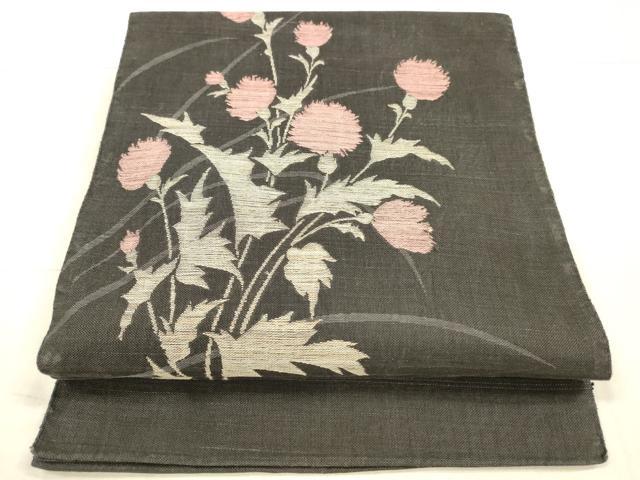 平和屋着物＊夏物　八寸名古屋帯　草花文　黒地　正絹　逸品　DAAX5695cm