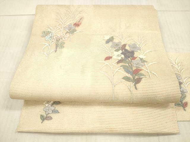 平和屋着物＊夏物　銀座きしや　九寸名古屋帯　総刺繍　草花文　金銀糸　正絹　逸品　DAAX5708cm