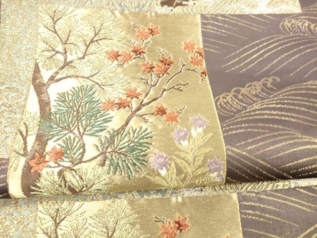 平和屋着物○六通柄袋帯 風景流水枝花文 金糸 正絹 逸品