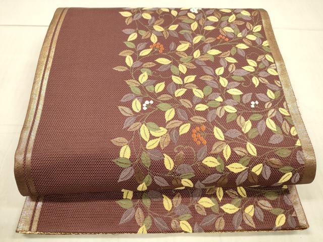 平和屋着物●六通柄袋帯　唐織　綾織　南天草葉文　金糸　正絹　逸品　DAAX5758cm