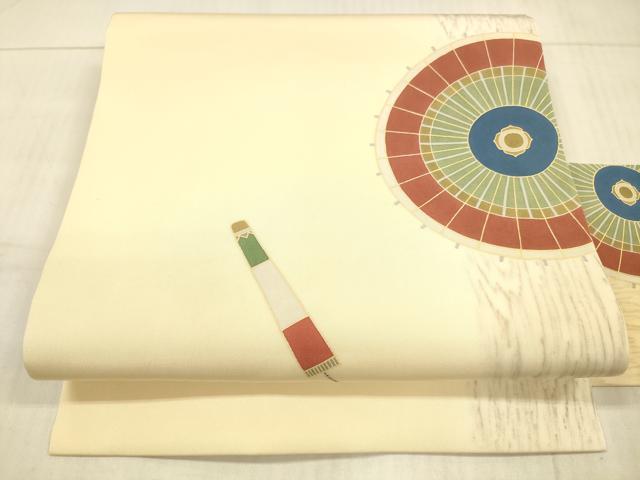 平和屋着物●塩瀬　九寸名古屋帯　番傘　金彩　正絹　逸品　DAAX5760cm