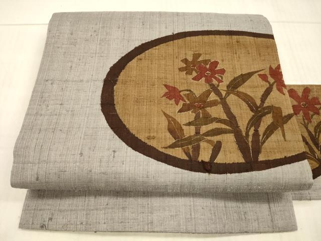 平和屋着物●九寸名古屋帯　紬地　草花文　正絹　逸品　DAAX5764cm