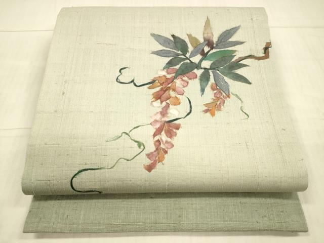 平和屋着物●九寸開き名古屋帯　紬地　和紙　藤花房　正絹　逸品　DAAX5766cm