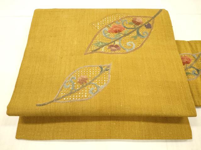 平和屋着物●中国三大刺繍　スワトウ刺繍　汕頭刺繍　相良刺繍　総刺繍　九寸名古屋帯　紬地　花唐草文　正絹　逸品　DAAX5781cm