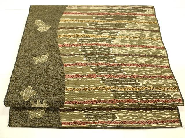 平和屋着物●本場筑前博多織　八寸名古屋帯　糸車　横段地紙花文　正絹　逸品　DAAX5786cm