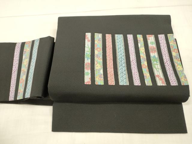 平和屋着物●ワンタッチつけ帯　鹿の子草花文　黒地　正絹　逸品　DAAX5801cm