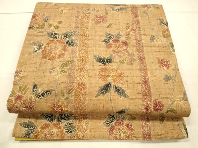 平和屋着物●太鼓柄袋帯　紬地　絞り　草花文　正絹　逸品　DAAX5809cm