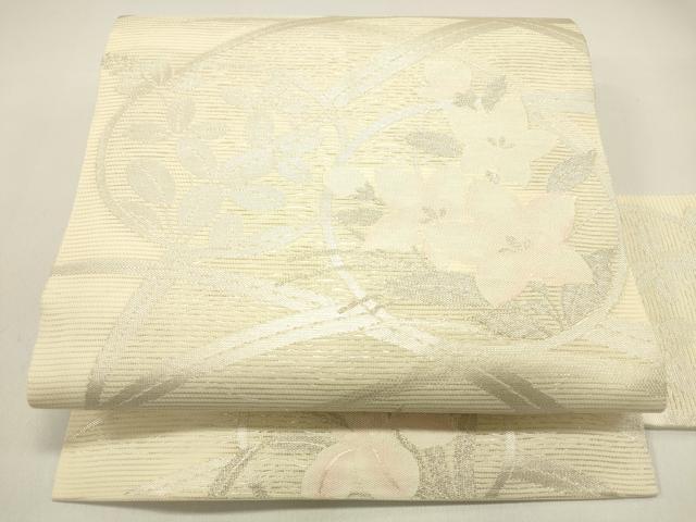 平和屋着物＊夏物　九寸名古屋帯　草花文　銀糸　正絹　逸品　DAAX5881cm