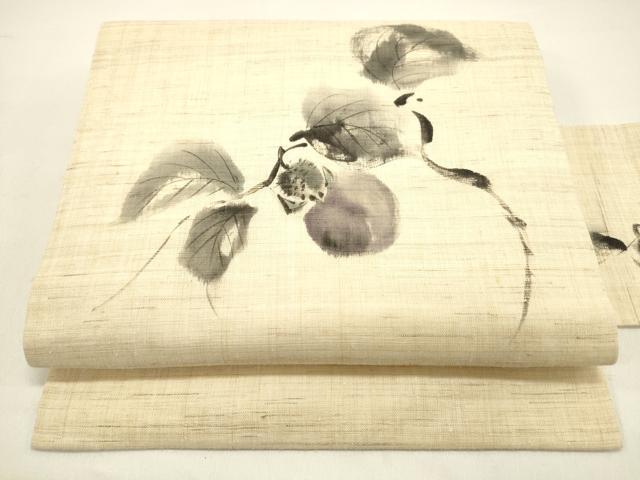 平和屋着物＊夏物　九寸名古屋帯　手描き　成り物　麻　逸品　DAAX5906cm