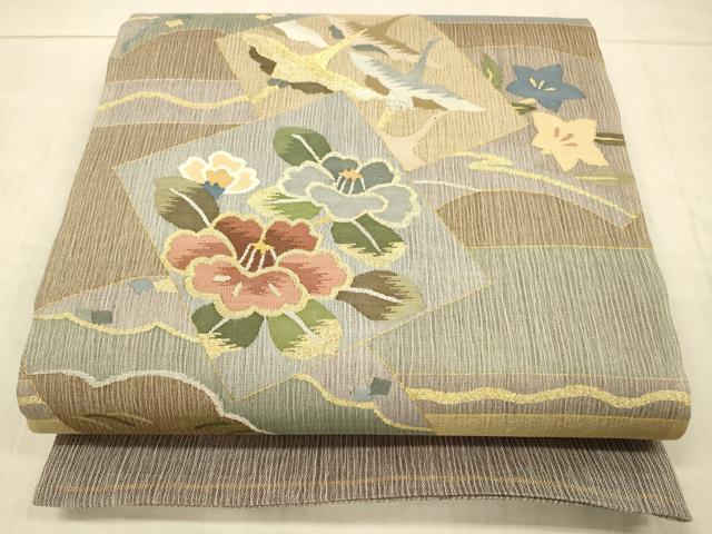 平和屋着物＊夏物　太鼓柄袋帯　飛鳥草花文　金銀糸　正絹　逸品　DAAX5938cm