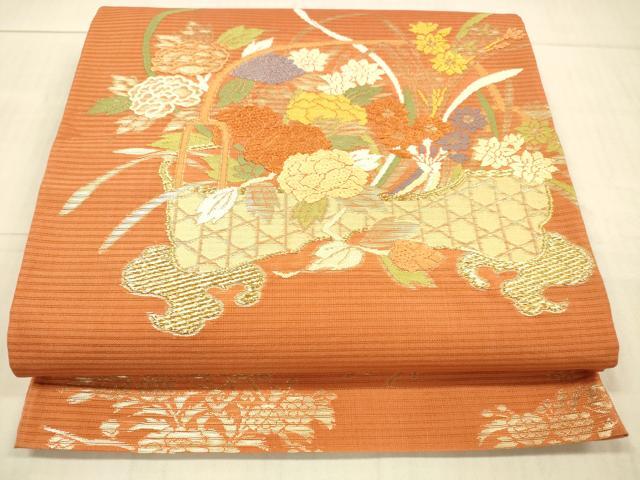 平和屋着物＊夏物　太鼓柄袋帯　唐織　籠花文　金糸　三越扱い　正絹　逸品　DAAX5942cm