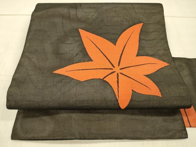 平和屋着物＊夏物　九寸名古屋帯　舞葉文　黒地　正絹　逸品　DAAX5965cm